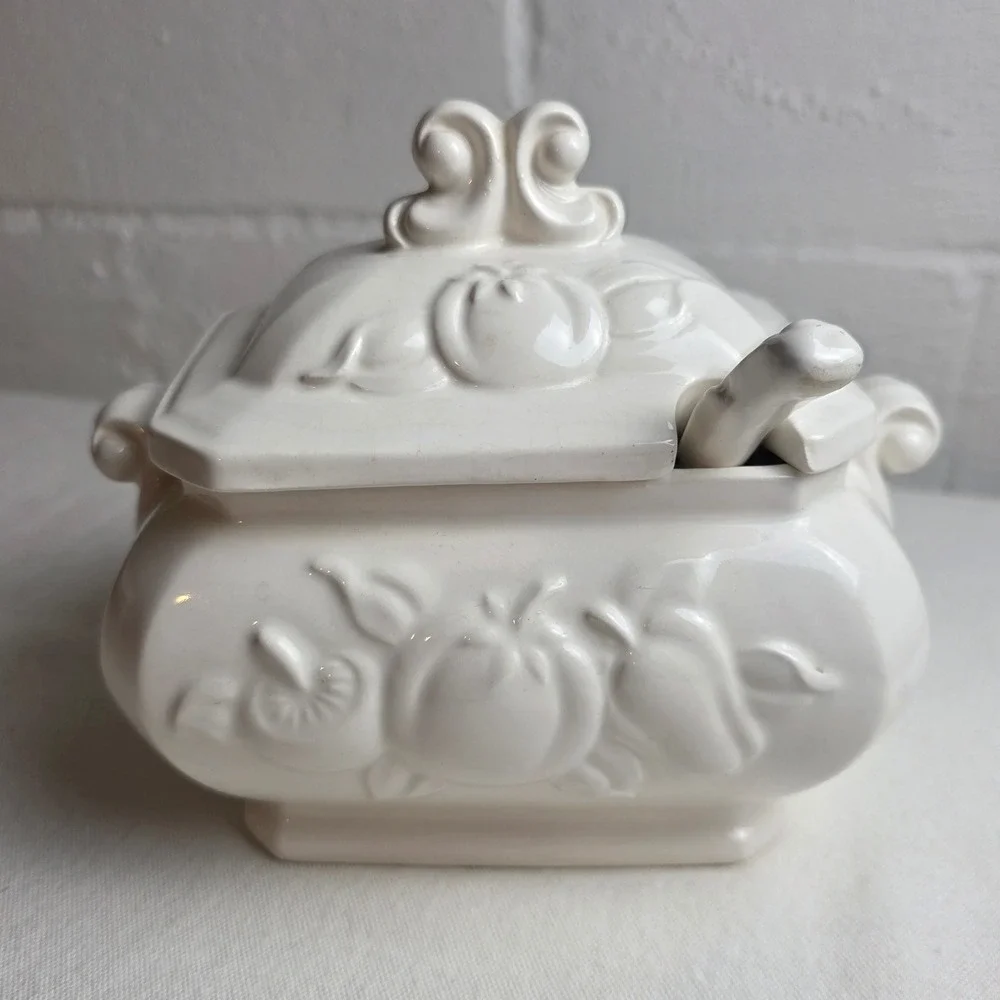 Vintage 50s Himark White Ceramic Fruit Embossed Tureen Lid Ladle Farmhouse Decor